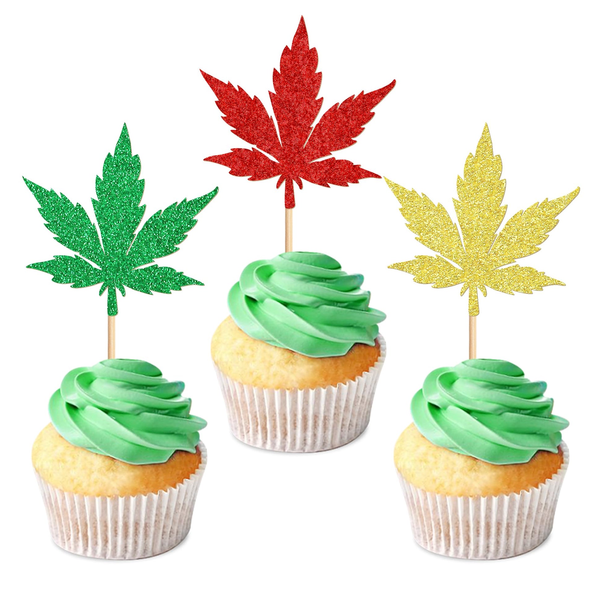 Ercadio 24 Pcs Cupcake Toppers - Green Red Glitter Birthday Party Decorations