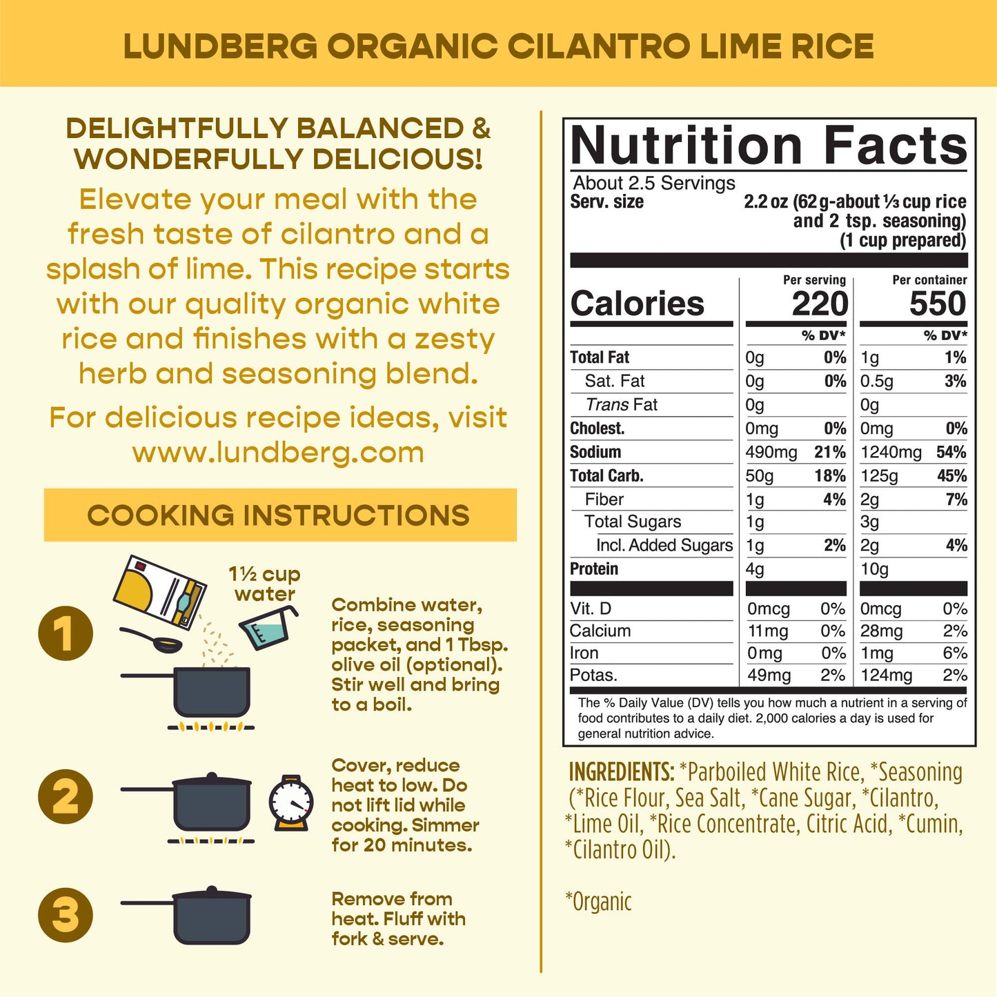 Lundberg Organic Cilantro Lime Rice Pilaf, 5.5 Oz (Pack Of 6), Gluten-Free, Vegan, 20 Minute Cook Time