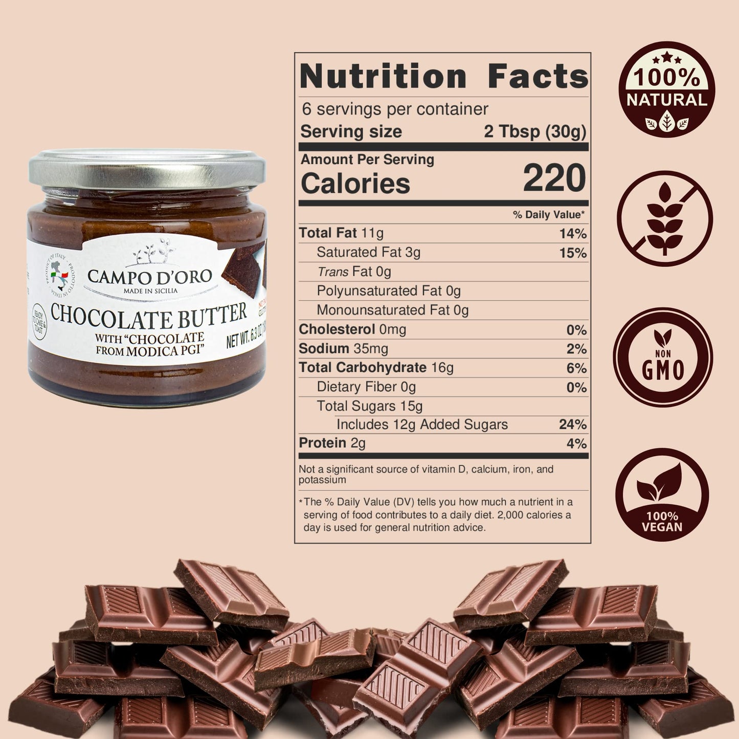 CAMPO DORO Premium Chocolate Spread, DOP Certified Modica Chocolate, Creamy, 6.35oz, No Palm Oil