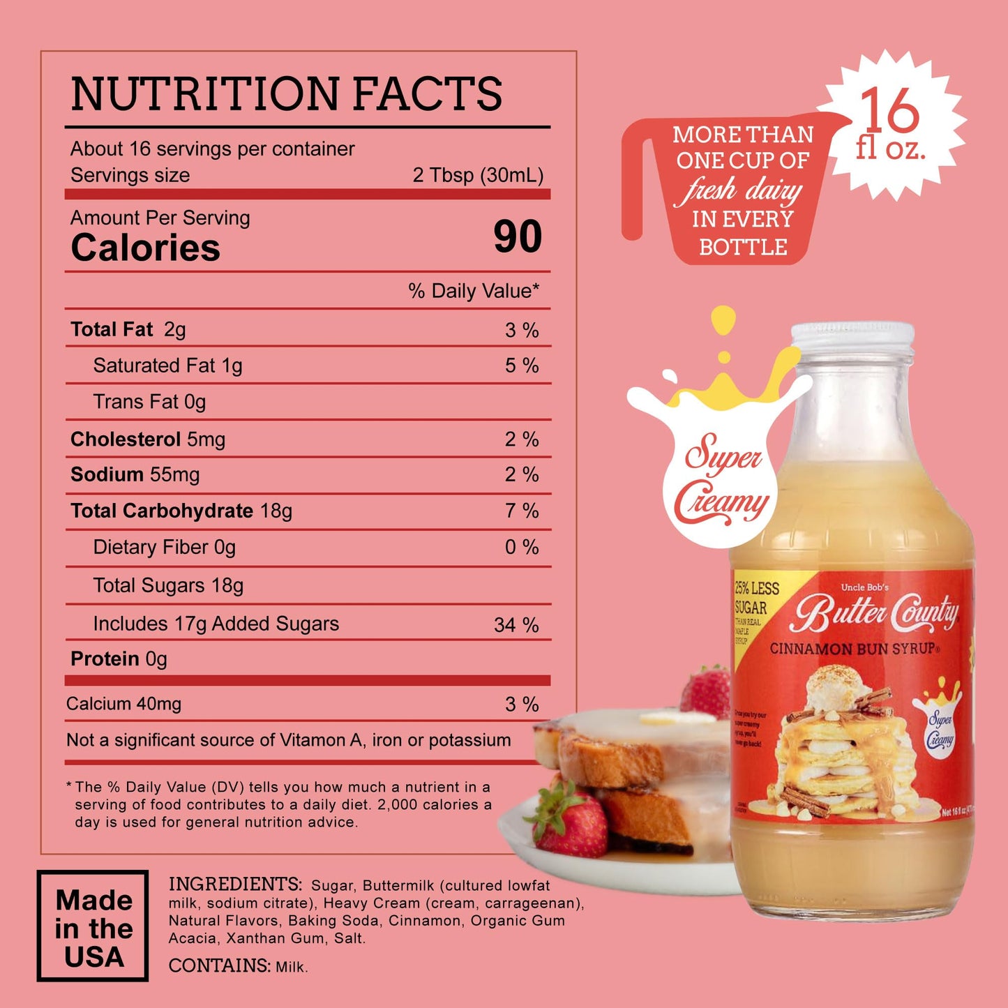 Uncle Bobs Butter Country Cinnamon Bun Buttermilk Syrup, Gluten Free, 16 fl oz Bottle