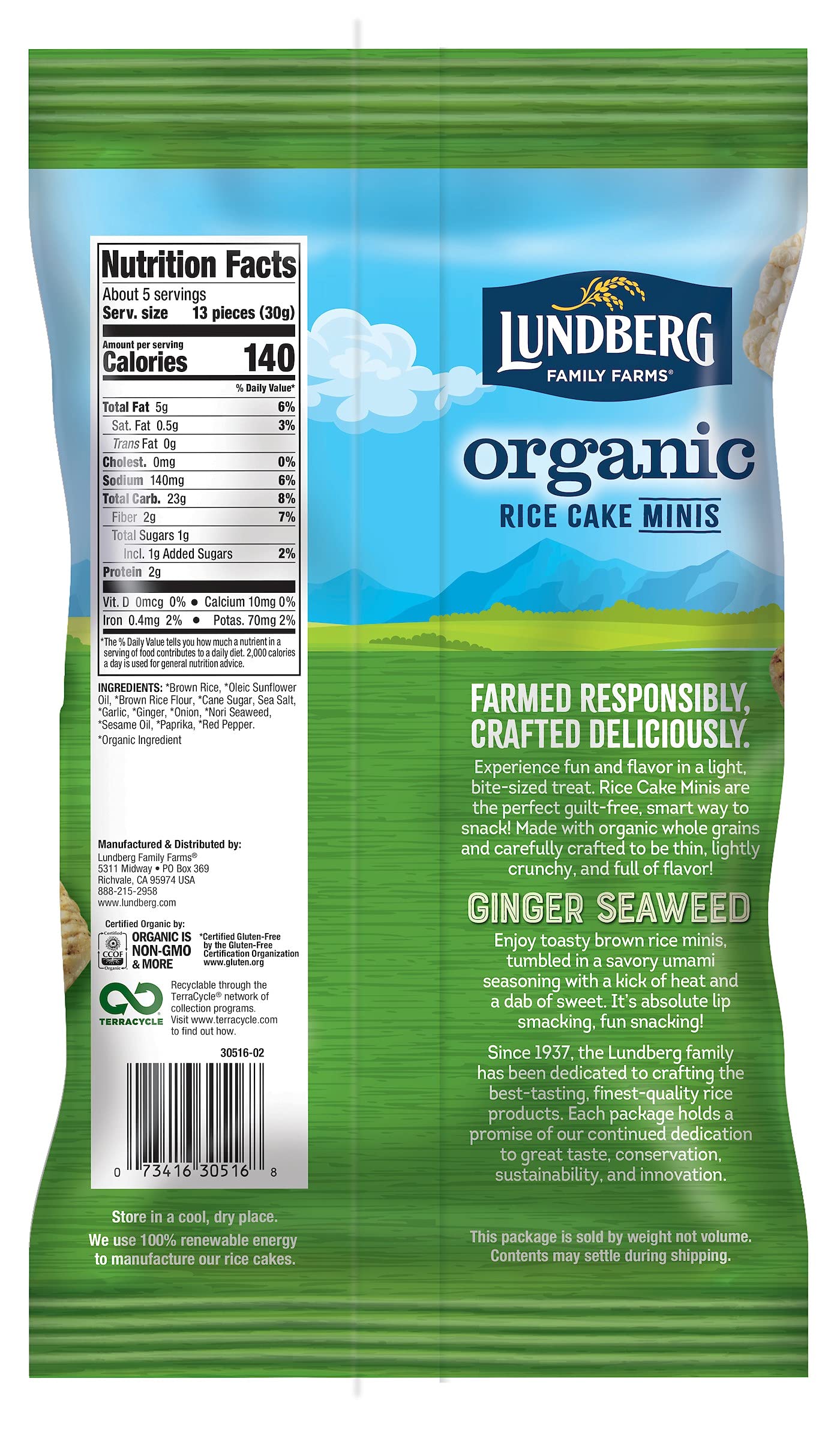 Lundberg Organic Ginger Seaweed Rice Cake Minis, 5oz, Gluten-Free, Vegan, Whole Grain, USDA Certified Organic, Non-GMO Project V