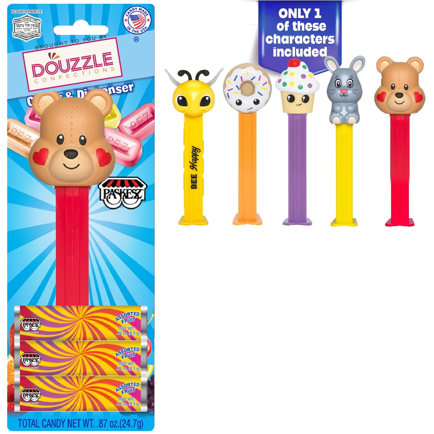DOUzzle Kosher Pez Candy & Favorites Dispenser + 3 Assorted Fruit Refills (Pack of 1) Gluten Free, Kosher Parve, USA Made