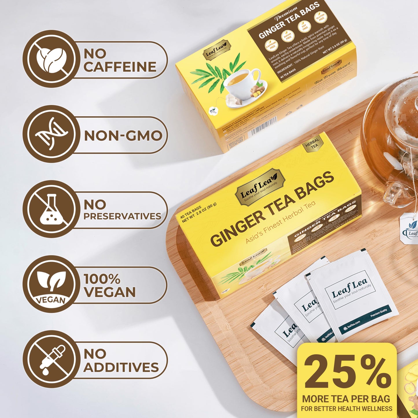 LeafLea Ginger Tea Bags, 100% Pure & Natural, Caffeine Free, Vegan, 40 Bags