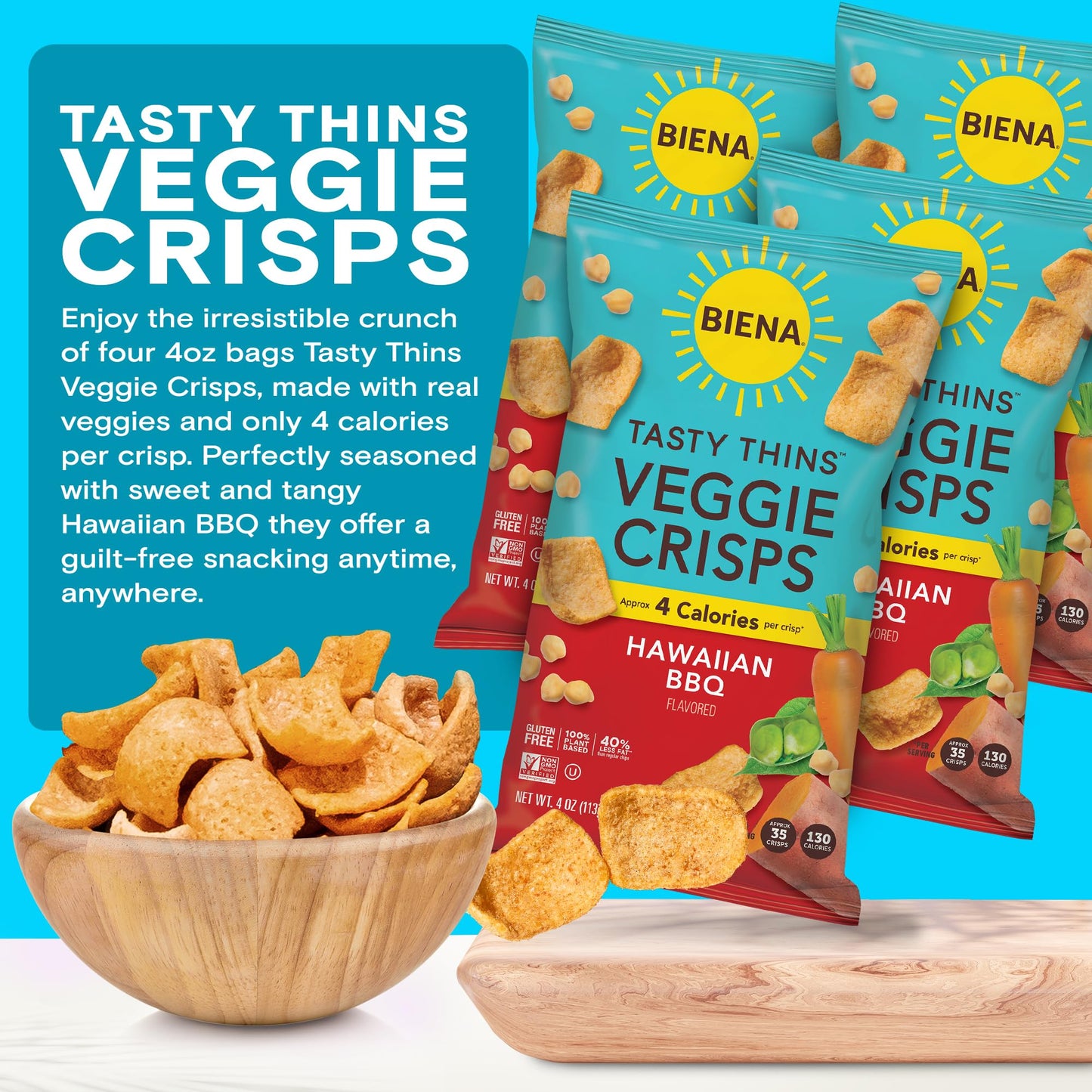 Biena Tasty Thins Veggie Crisps - Hawaiian Bbq, 4-Pack, 4 Oz Bags - Chickpeas & Veggies, Vegan, Gluten Free, Dairy-Free, Non-Gmo