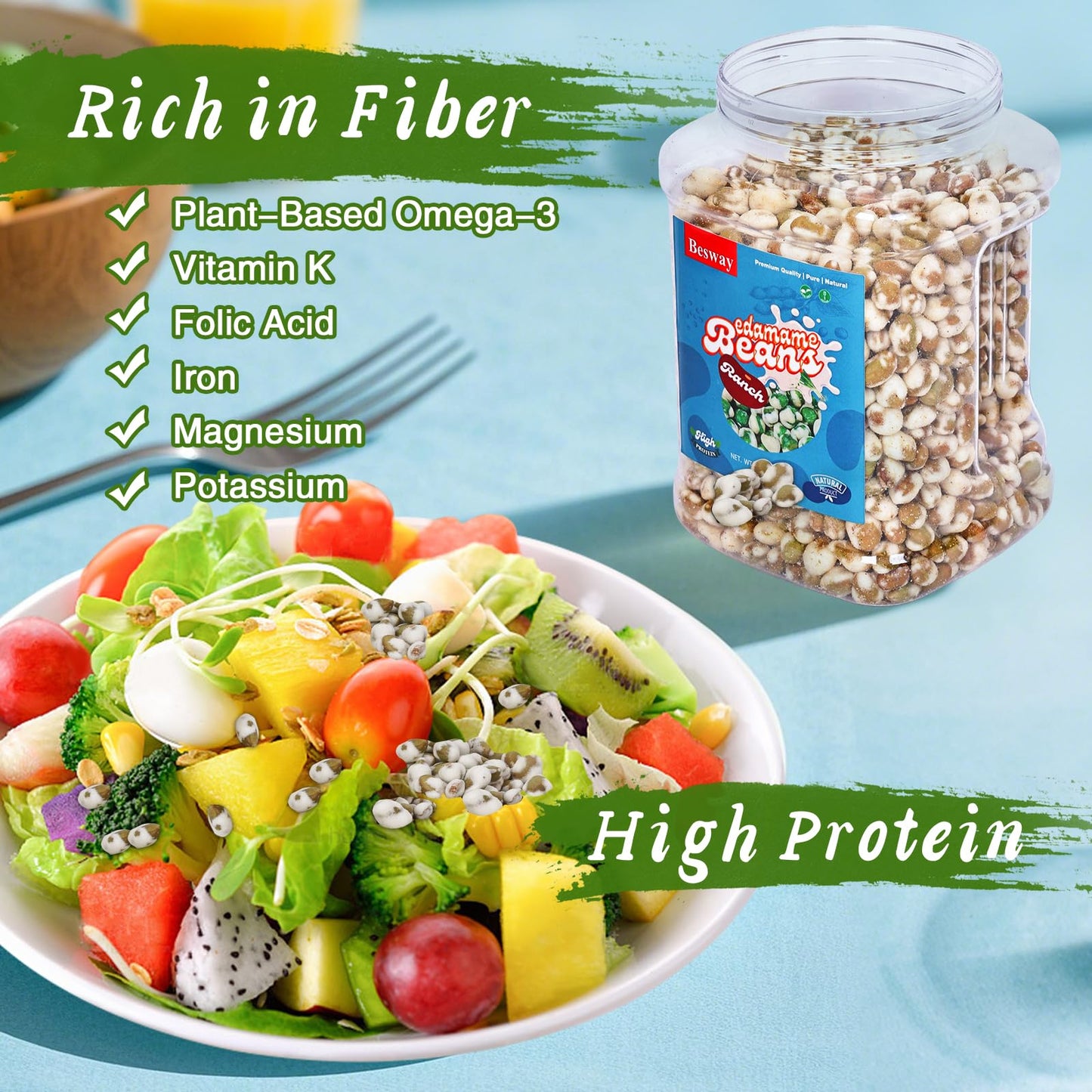 Besway Ranch Flavor Dry Roasted Edamame 20 Oz, High Protein Crunchy Snack, Non-Gmo, Vegan, Gluten-Free, Transparent Plastic Jar