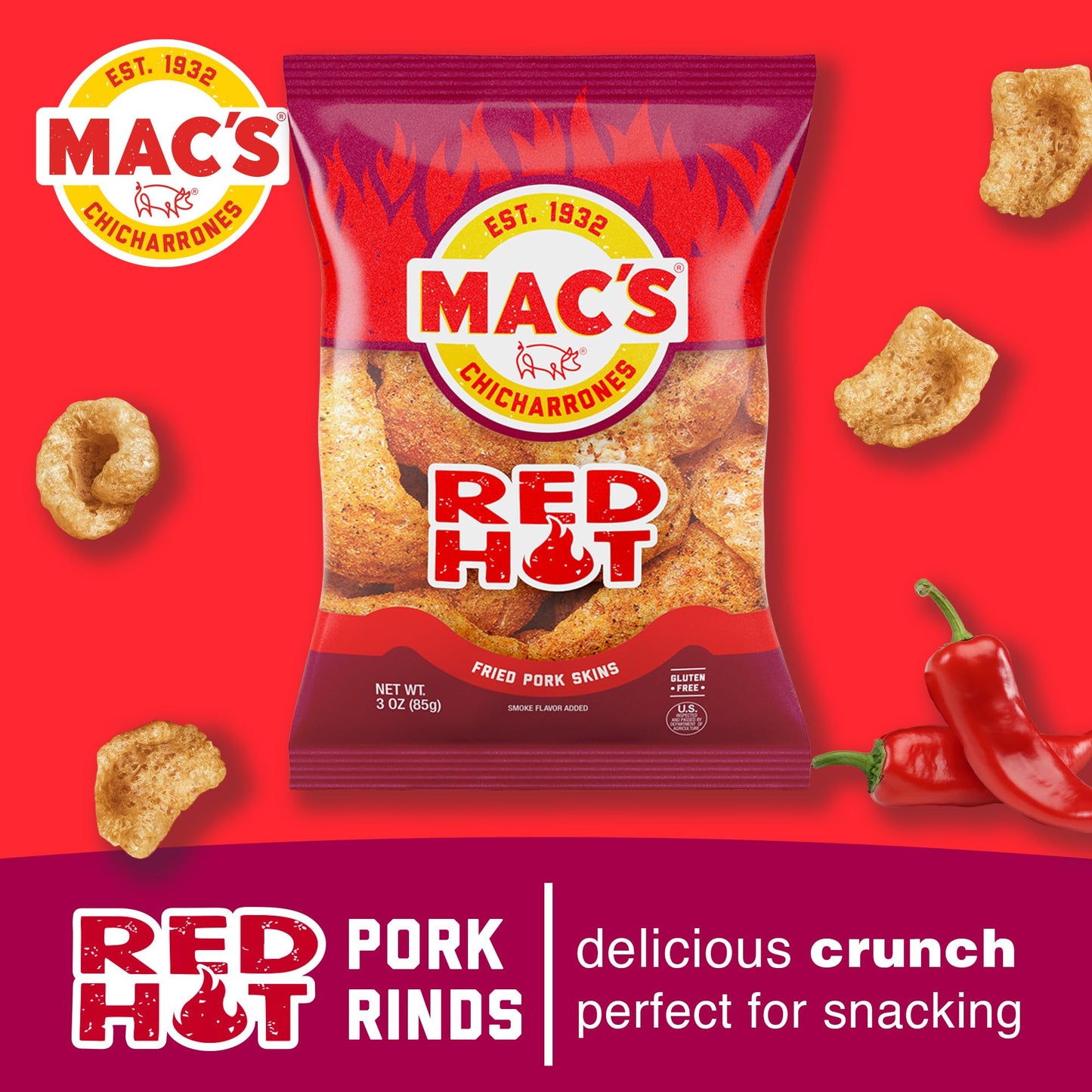 Macs Hot Fried Pork Skins - Hot Flavored Chicharrones Pork Rinds - Low Carb, Gluten-Free, Keto-Friendly Snack- 3oz (12-Pack)