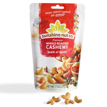Sunshine Nut Co. Whole Roasted Cashews, Spark of Spices Flavor, Single 7 oz. Bag, Gluten Free, Peanut Free and Vegan Individual 