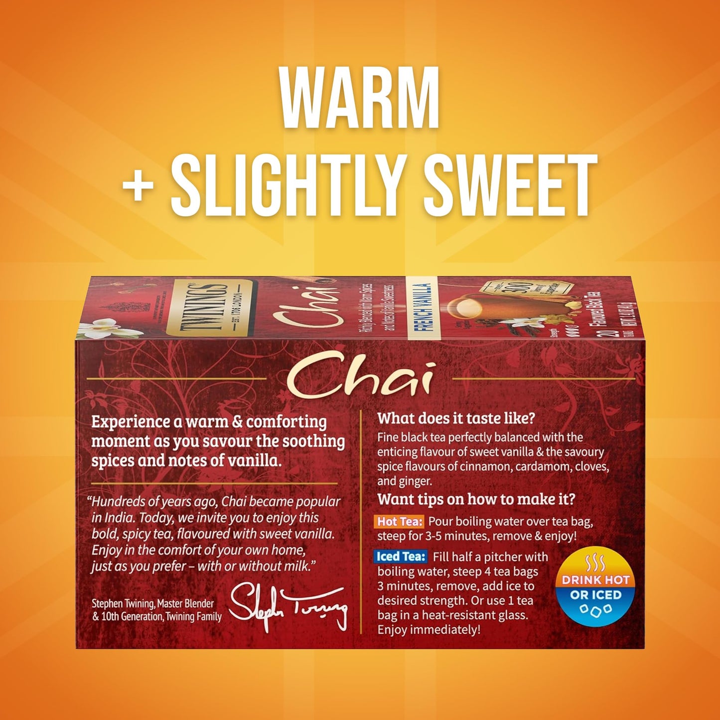 Twinings French Vanilla Chai Black Tea Individually Wrapped Bags, 20 Count (Pack of 1), Warm, Sweet & Spicy, Caffeinated, Enjoy