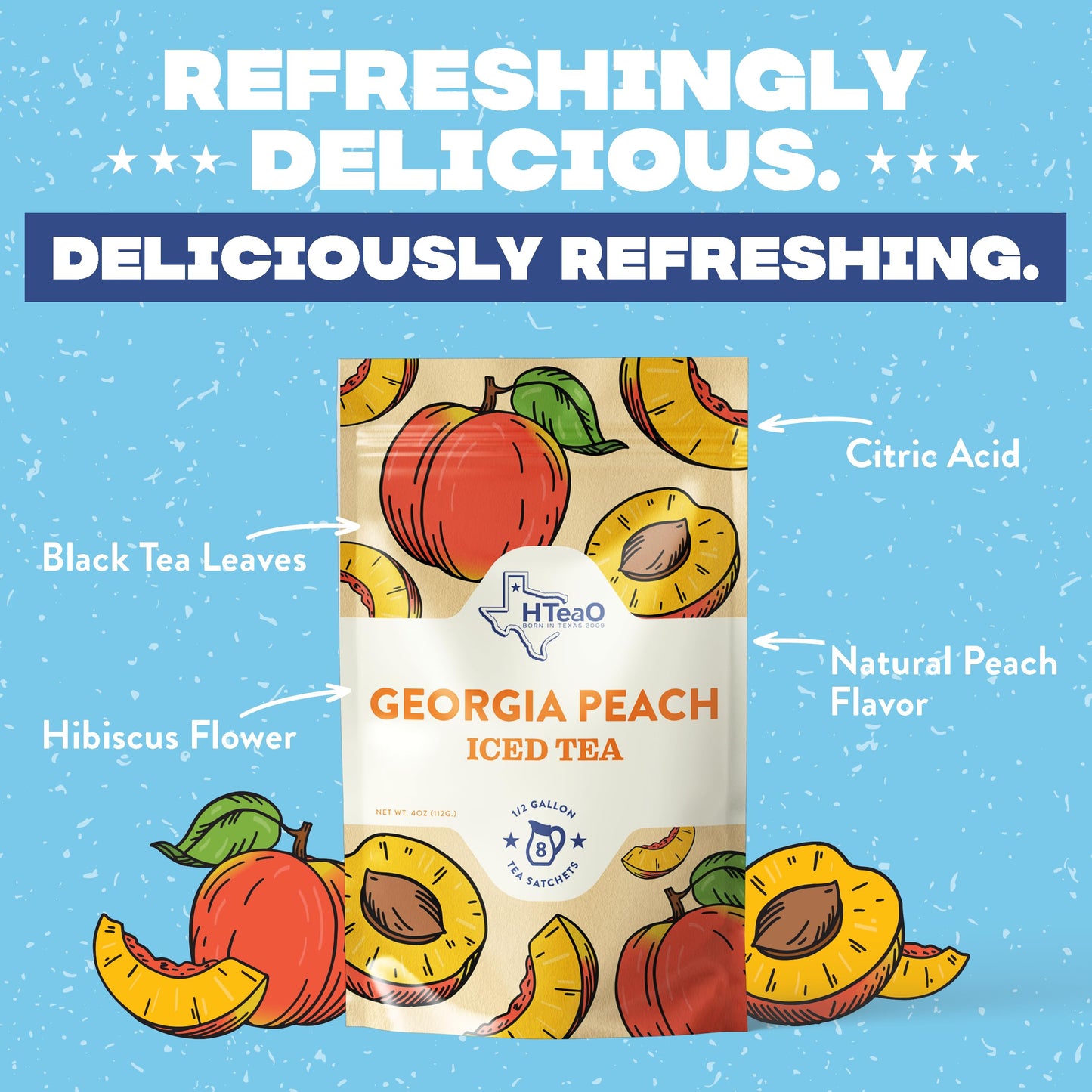 HTEAO Iced Tea Sachets - Georgia Peach Black Tea Mix - 8 Gallons - Instant Iced Tea - Pack of 16 Sachet Bags