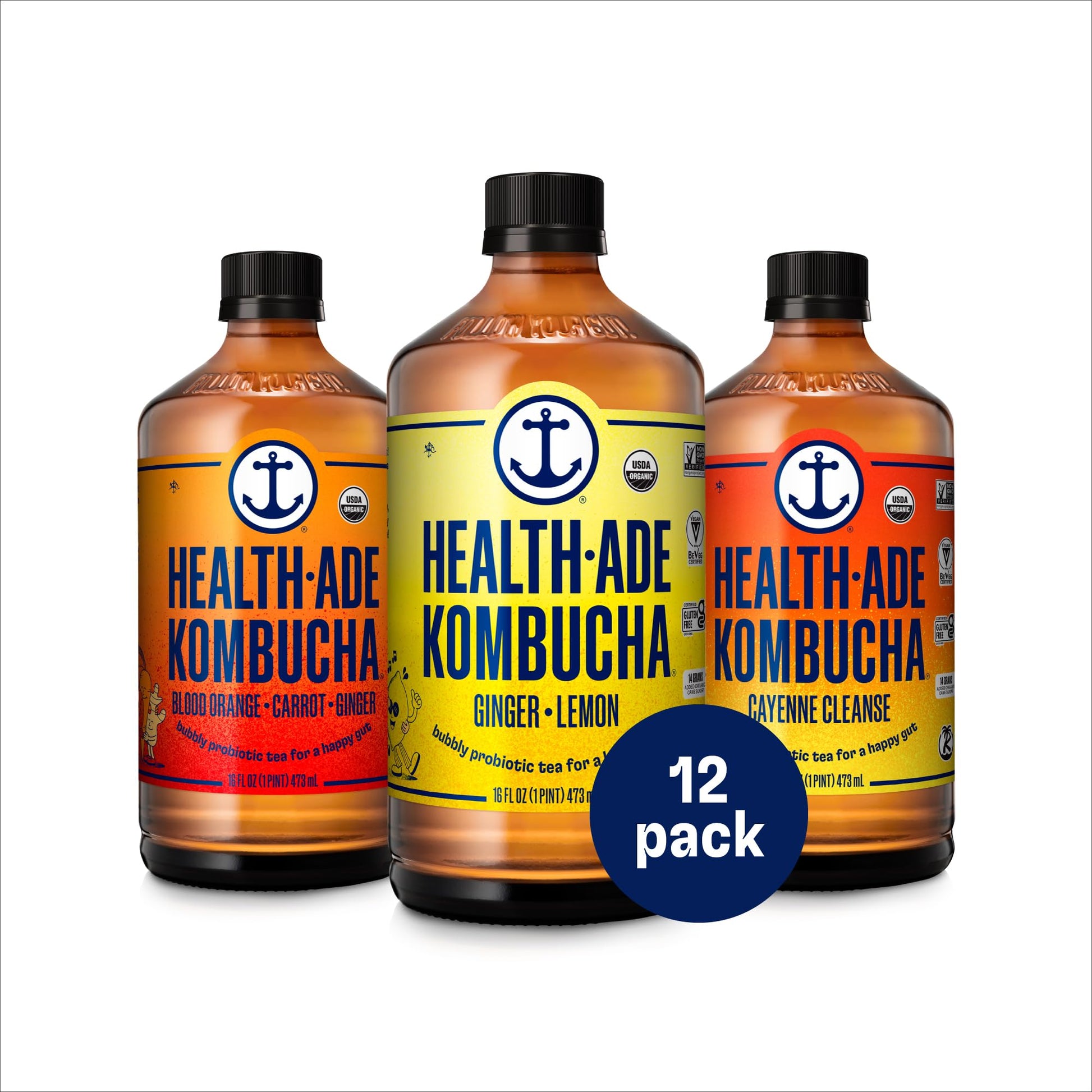 Health-Ade Kombucha Tea Organic Drink, Ginger Lovers Variety Pack, 12 x 16 Fl Oz Bottles, Non-GMO, Vegan, Gluten Free
