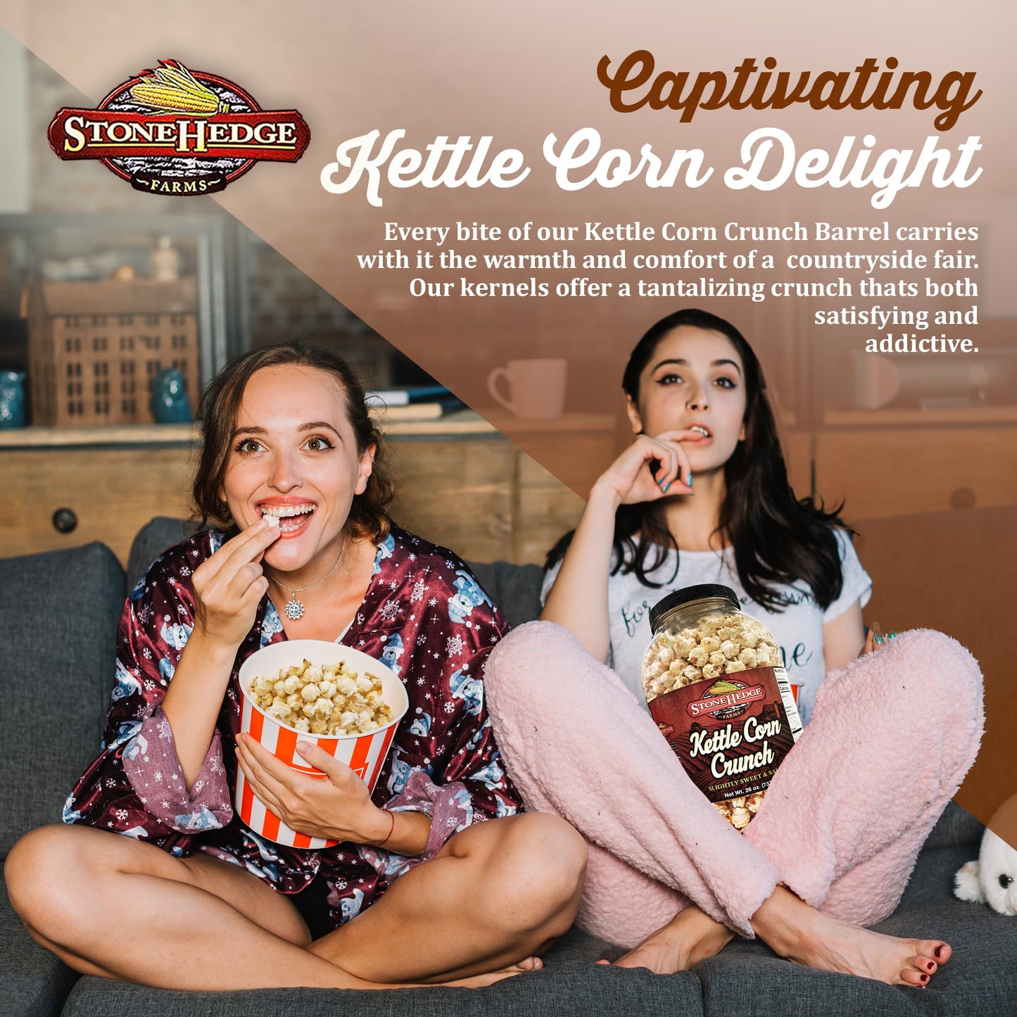 Stonehedge Farms Kettle Corn Crunch Popcorn | 26 Oz (Pack Of 2) Reclosable Barrels | Bulk Popped Gourmet Kettlecorn | Made In Us