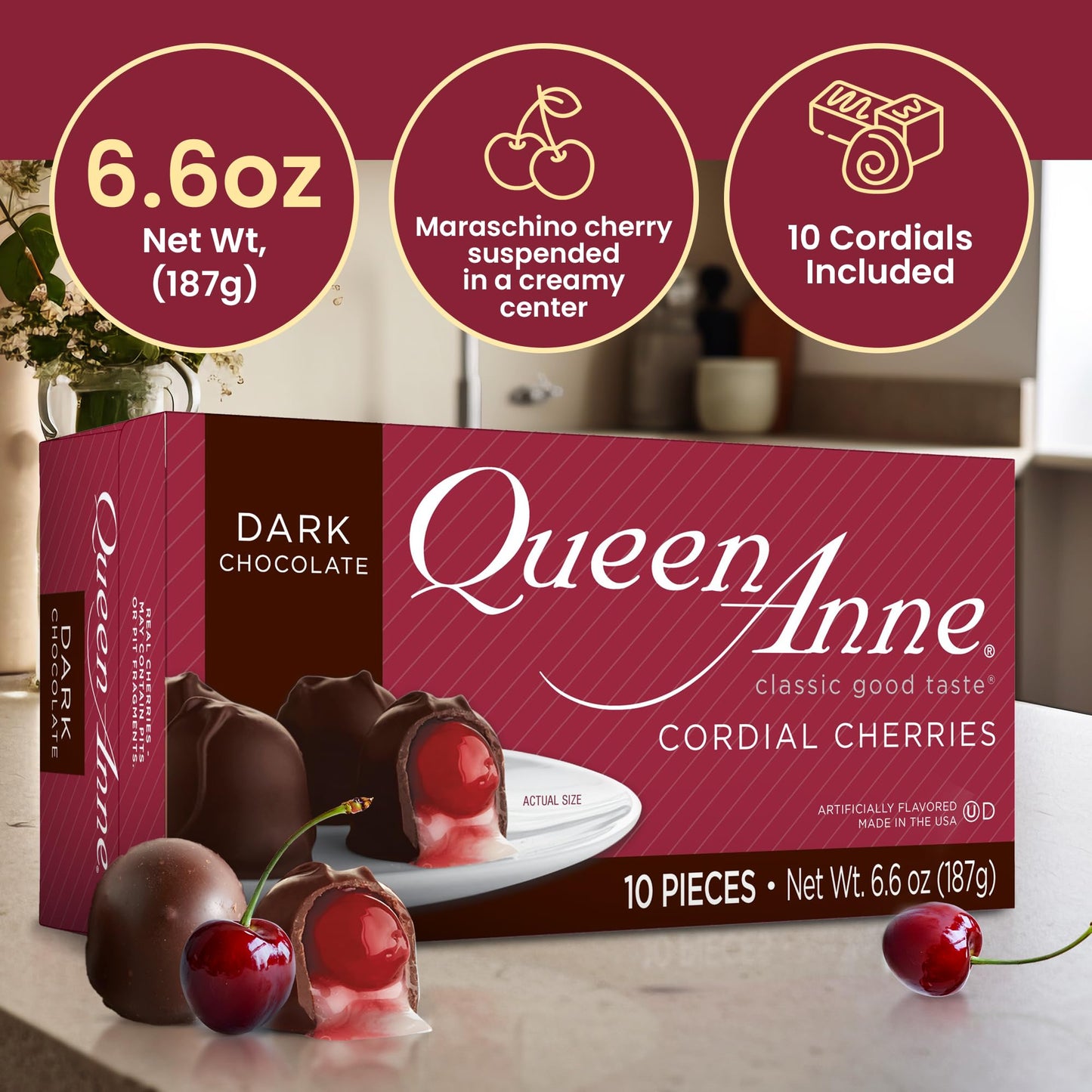 Queen Anne Dark Chocolate Covered Cordial Cherries | 6.6 Oz | 10 Piece Gift Box | Whole Maraschino Cherry Creamy Filled Liquid C