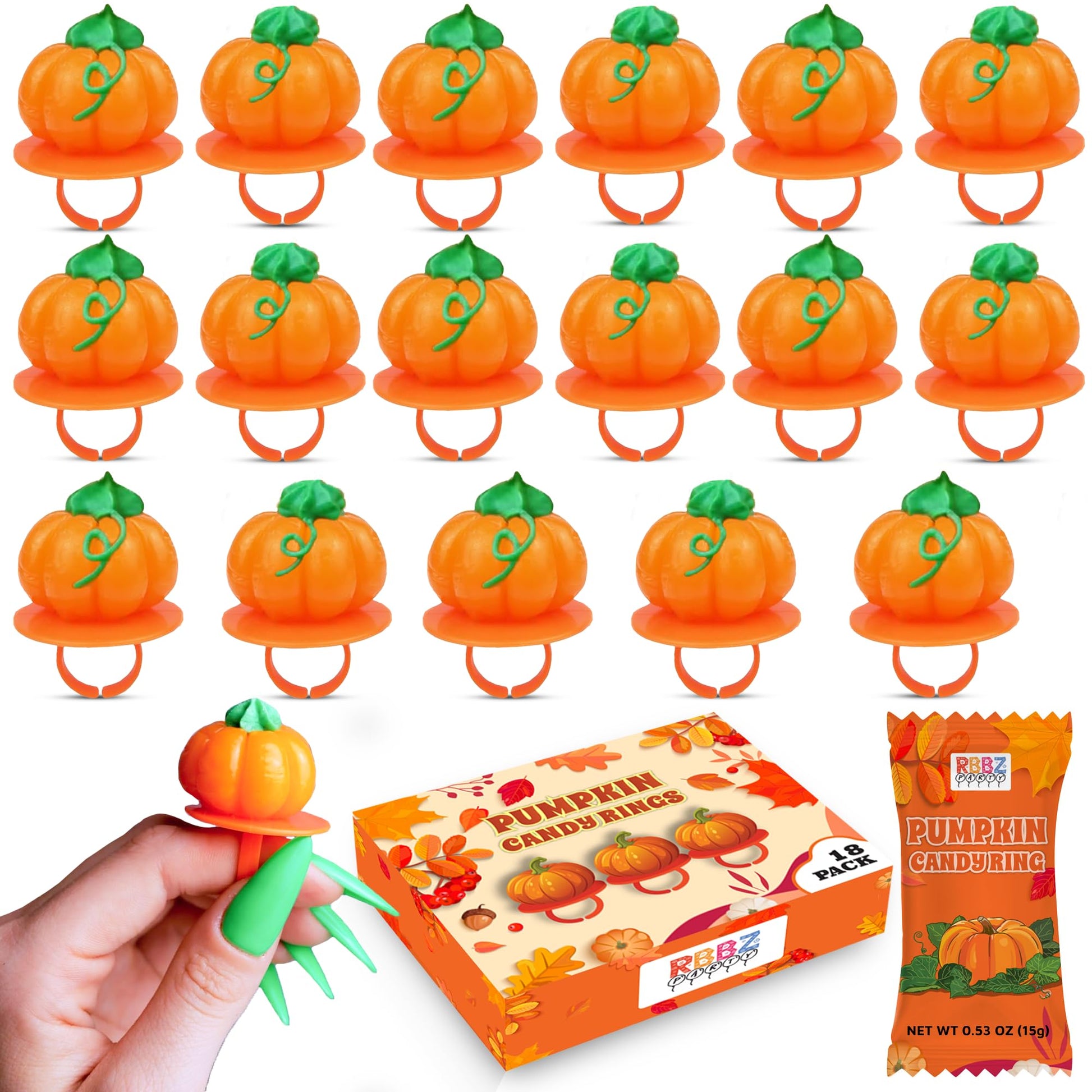 Pumpkin Candy 3D Ring Pops - 18 Individually Wrapped Suckers Bulk Pack - Fall Candy Party Favors - Thanksgiving Treats