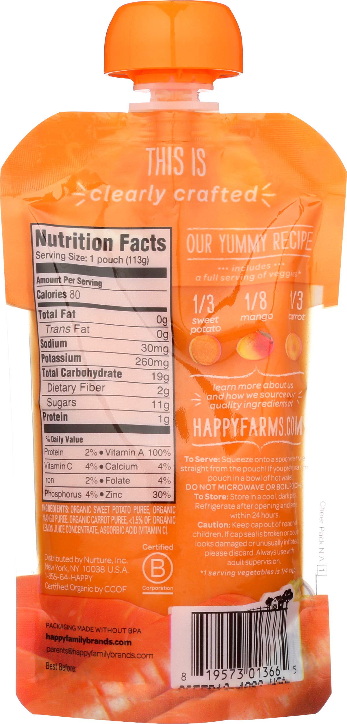 Happy Baby, Baby Food Sweet Potato Mango Carrot Organic, 4 Ounce