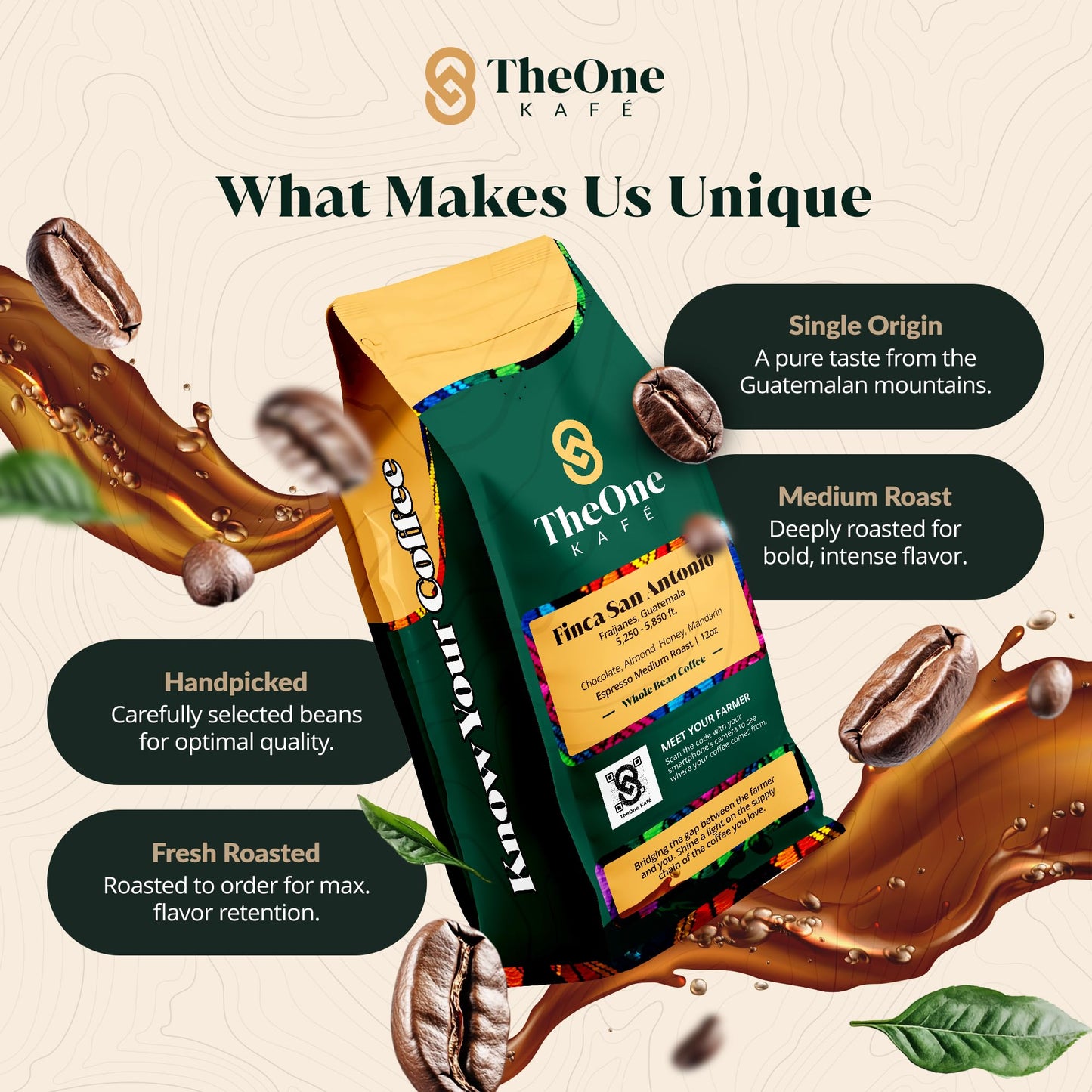 TheOne Kafé Guatemala Medium Roast Whole Bean Coffee – Organic, Smooth & Rich Flavor – 12 oz