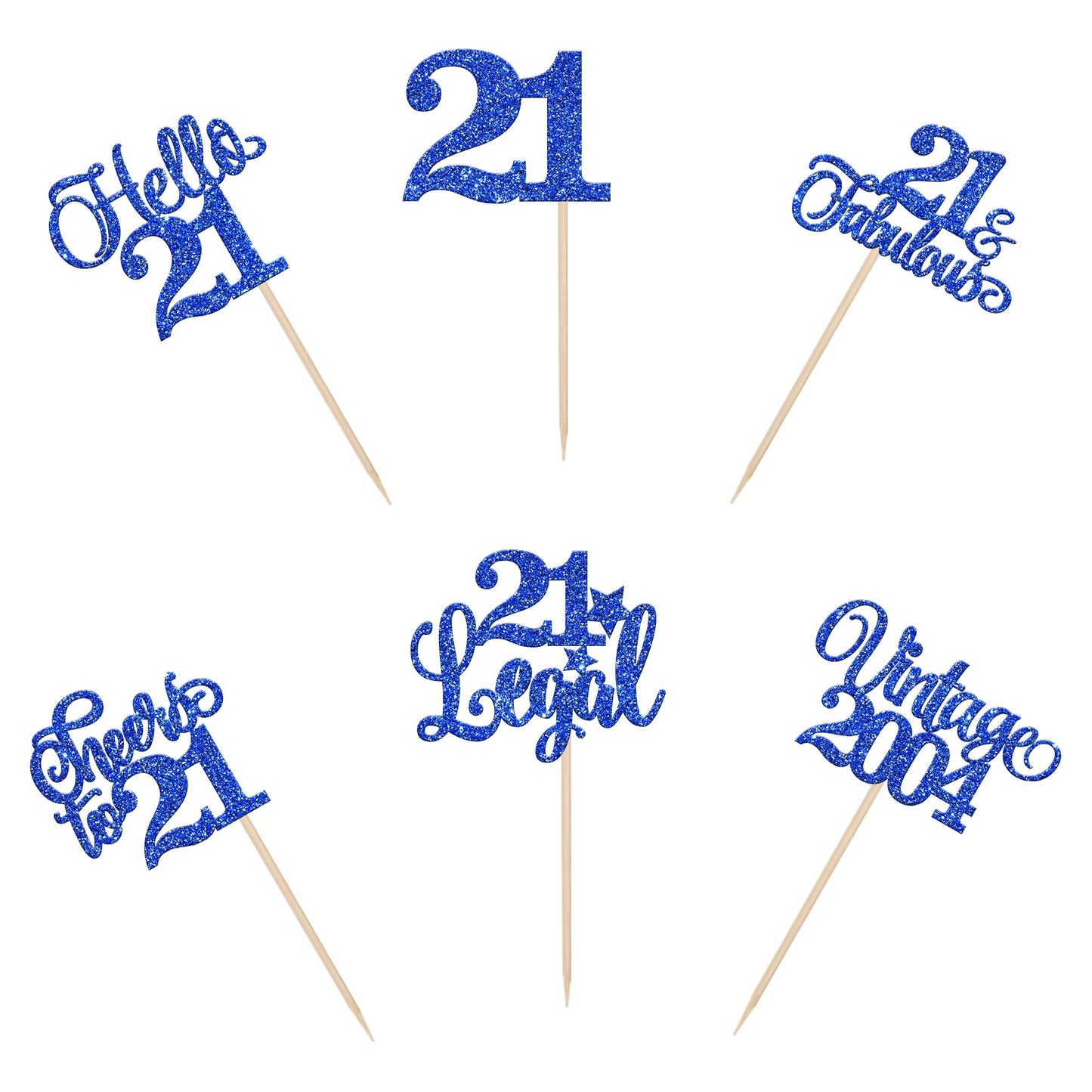 Rssta i 24 Pack Cupcake Toppers Glitter Blue - Twenty One Cheers to 21 Years Cake Decorations for 21st Birthday Party Supplies