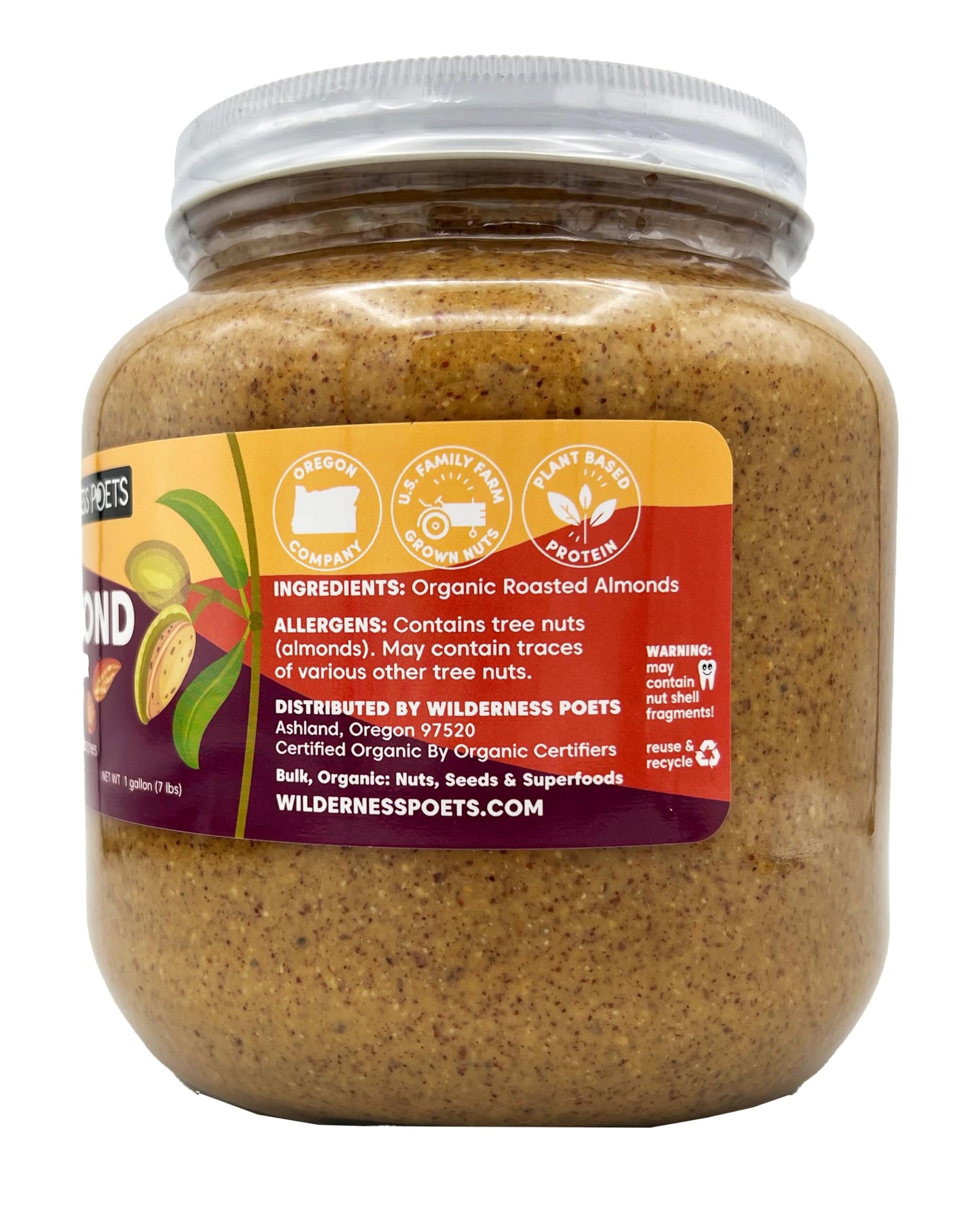 Wilderness Poets, Roasted Almond Butter - Organic, Smooth, Creamy, No Salt, Unsweetened - Half Gallon Glass Jar, 4 Pound (64 Oun
