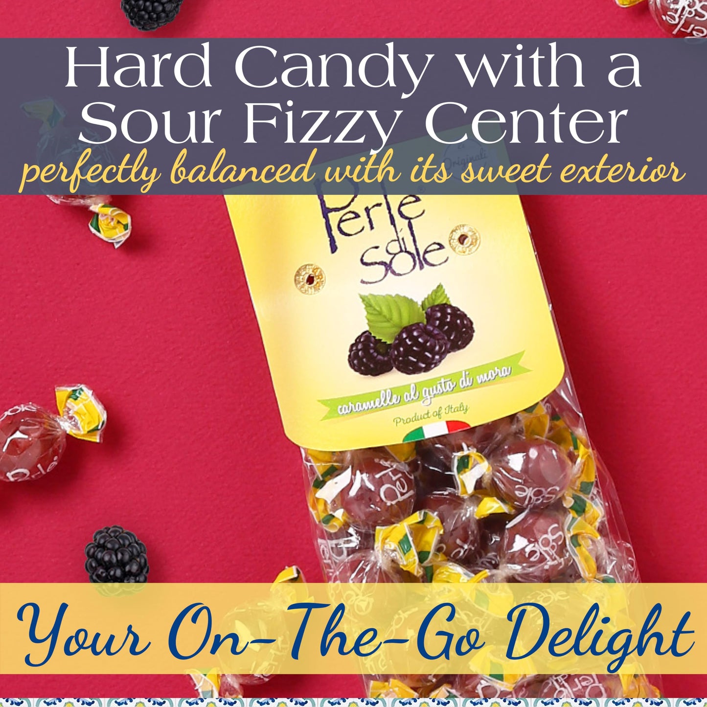Perle di Sole Blackberry Italian Hard Candy Individually Wrapped - Blackberry Candy with a Tart Fizzy Filling (7.05 oz | 200 g)