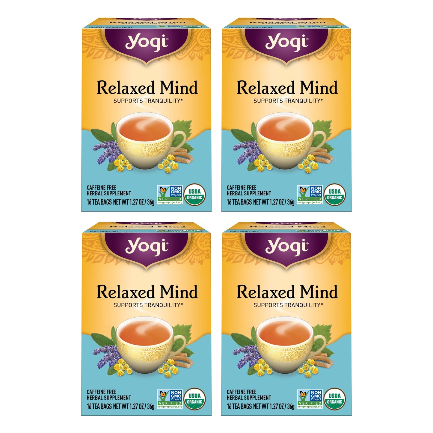 Yogi Relaxed Mind Tea - Organic Herbal Tea with Ashwagandha, Lavender & Peppermint - 16 Bags per Pack (4 Packs)