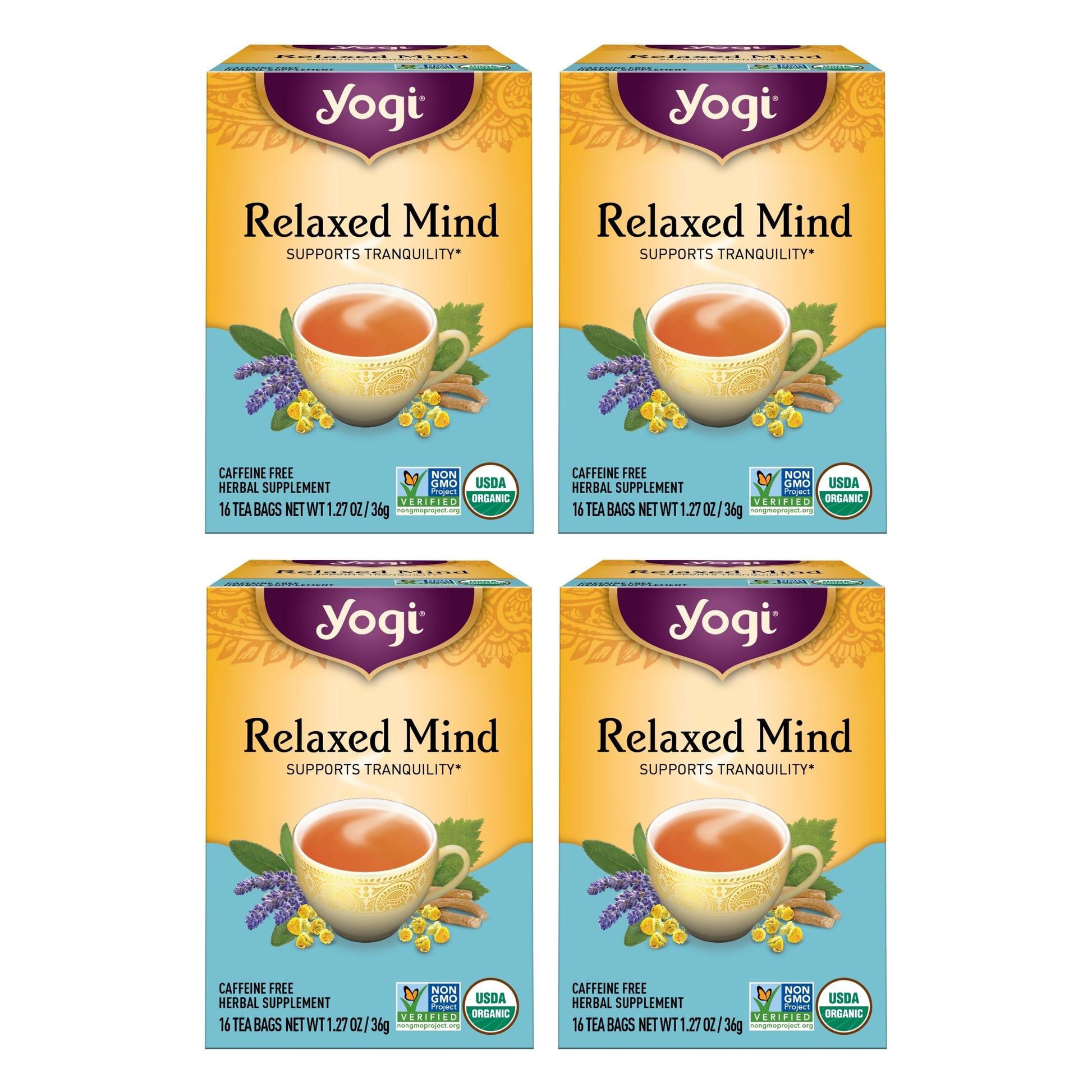 Yogi Relaxed Mind Tea - Organic Herbal Tea with Ashwagandha, Lavender & Peppermint - 16 Bags per Pack (4 Packs)
