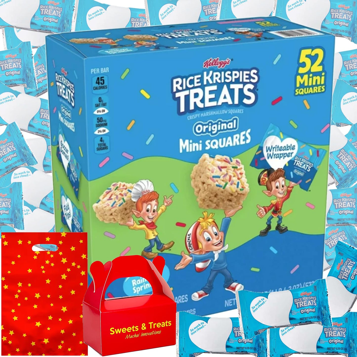 Muchai Innovations Rice Krispies Treats Mini Squares Snack, 20.2 oz, Individually Wrapped, Rainbow Sprinkles, Great for Parties and Gifts