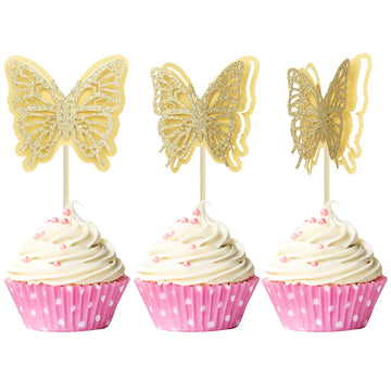 Gyufise 24Pcs Butterfly Cupcake Toppers Glitter Hollow 3D Butterfly Cupcake Picks Decorations For Butterfly Theme Wedding Annive