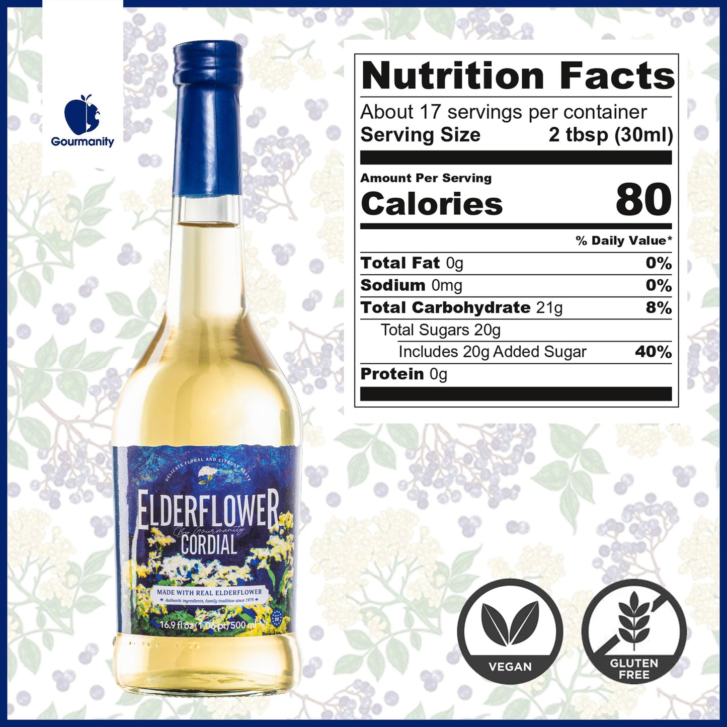 Gourmanity Elderflower Syrup 16.9 Fl Oz 2 Pack | 60% Real Fruit 3 Ingredient Elderflower Cordial | Floral & Fresh Elderberry Flo