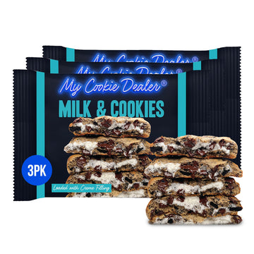 My Cookie Dealer Soft Baked Cookies, Milk & Cookies (3-Pack, 4oz Cookie) - Oreo Batter with Chocolate Chips & Chunks, filled wit