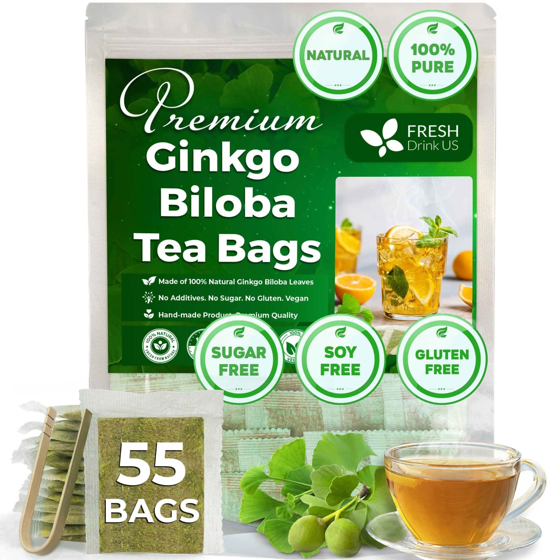 FRESHDRINKUS Ginkgo Biloba Leaf Tea Bags, 100% Natural Herbal Tea, 55 Tea Bags, Eco-Conscious, Vegan, No Sugar, No Caffeine