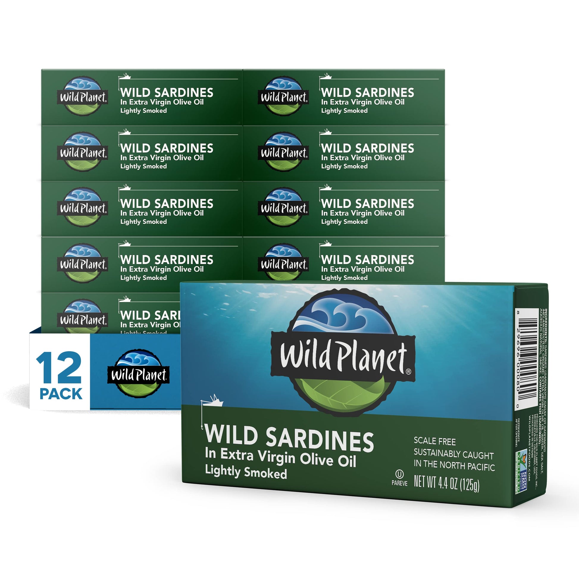 Wild Planet Wild Sardines in Extra Virgin Olive Oil, Lightly Smoked, 4.4 Ounce (Pack of 12), Non-GMO, Gluten Free