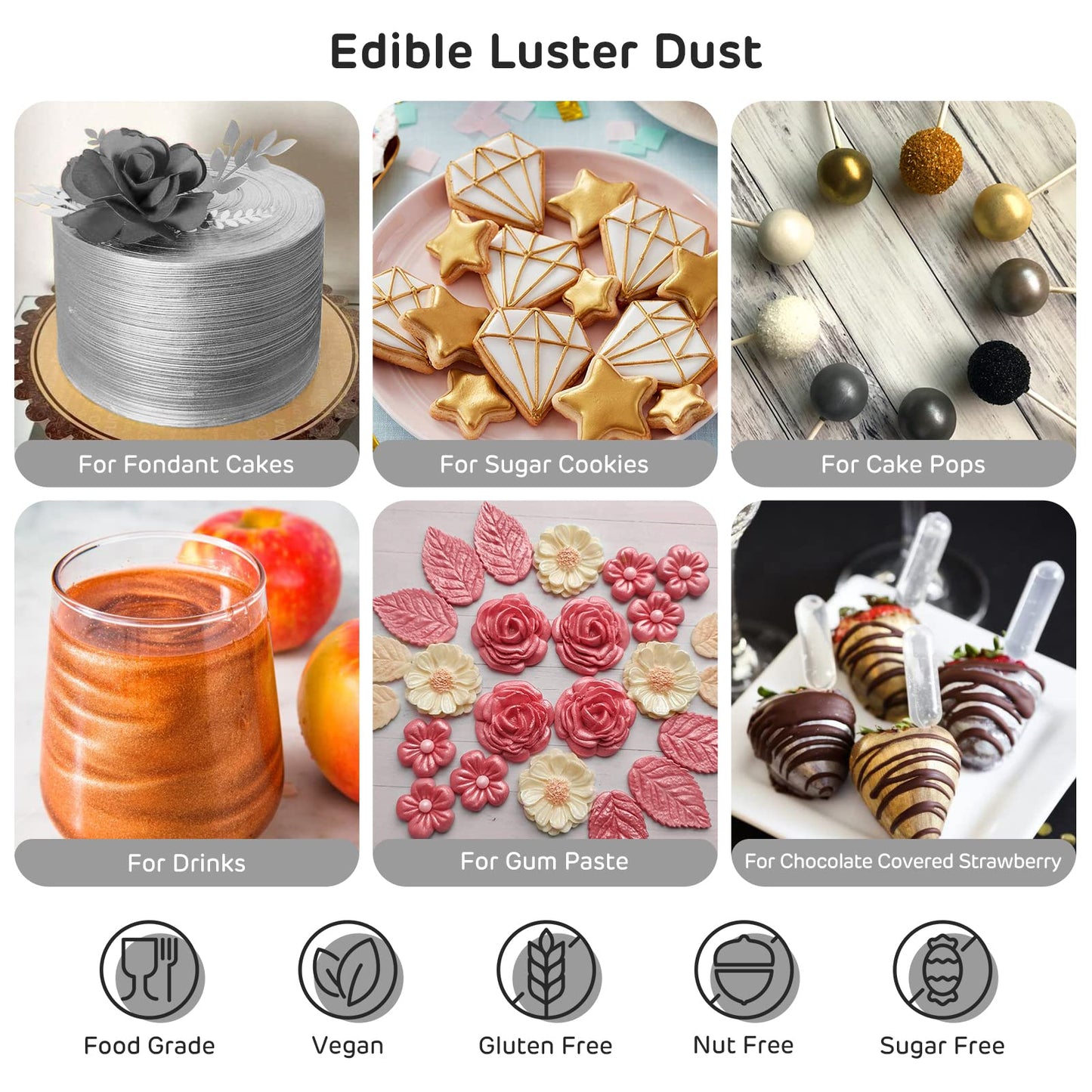 Nomeca Edible Luster Dust, Food Grade Shimmer Gold Metallic Powder, 8 Grams, Dark Silver for Cake Decorating, Baking, and Candy