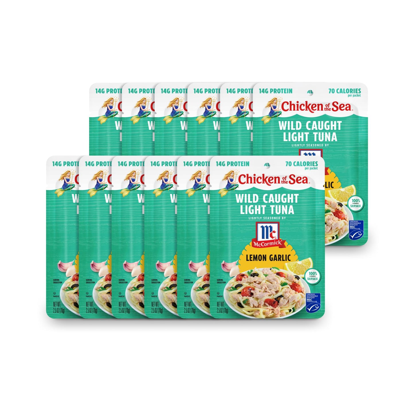 Chicken of the Sea Wild Caught Light Tuna, 2.5 oz. Packets (Box of 12), Lemon Garlic Seasoning