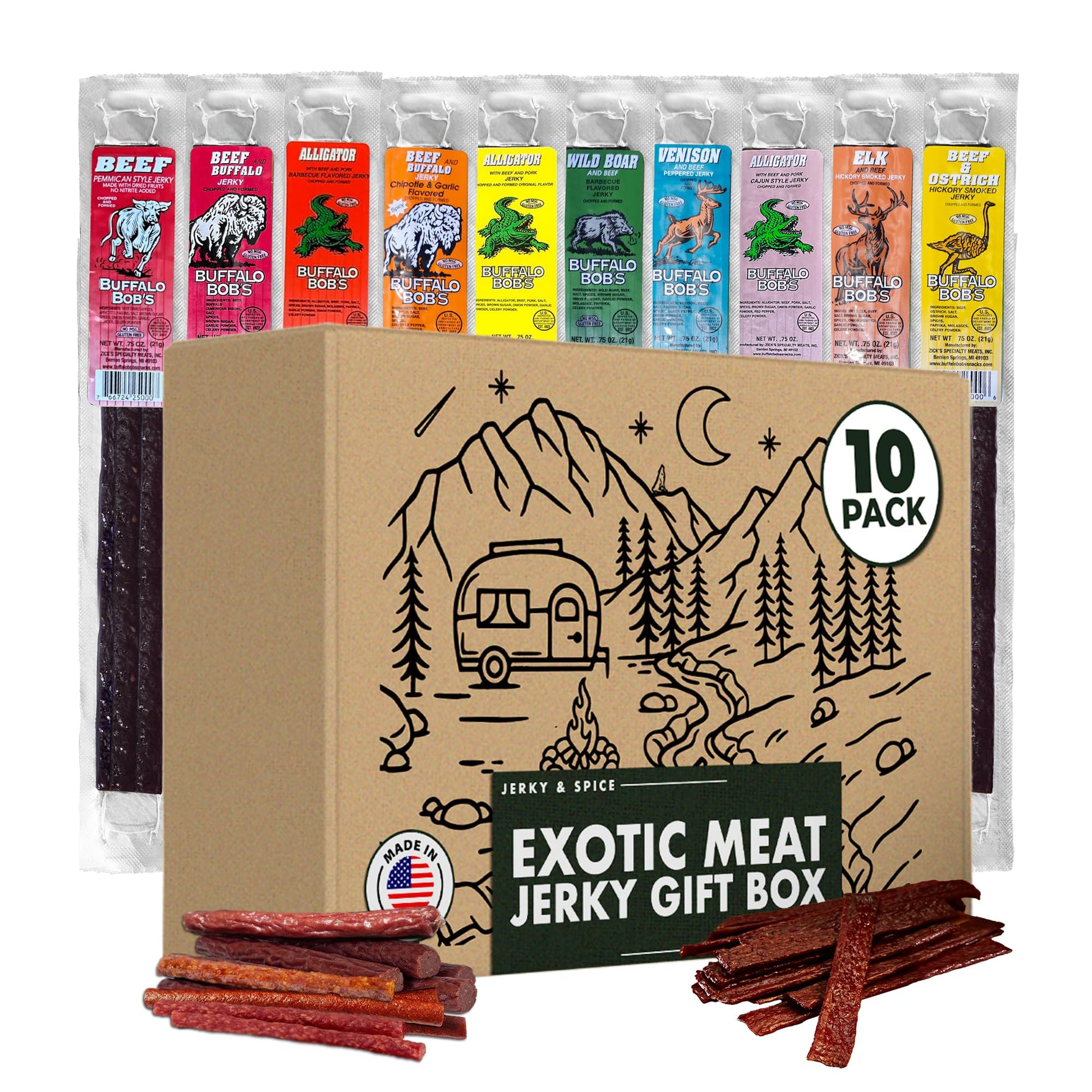 Jerky-n-Spice Exotic Jerky Gift Box, 10-Pack, Premium Flavored, High Protein, Gluten-Free, 1.7 Ounce Each