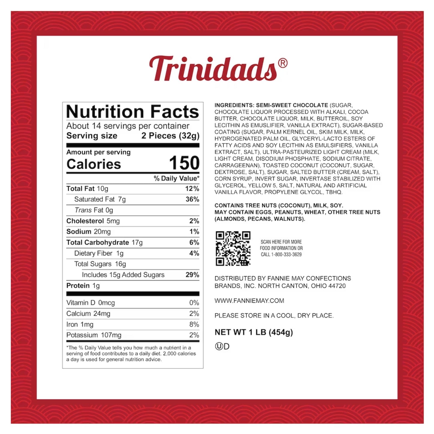 Fannie May Trinidads (Toasted Coconut - Chocolate Truffle) Signature Wrapt 1 Lb. Box - Gift Basket With Gift Tag & Insulated Shipper