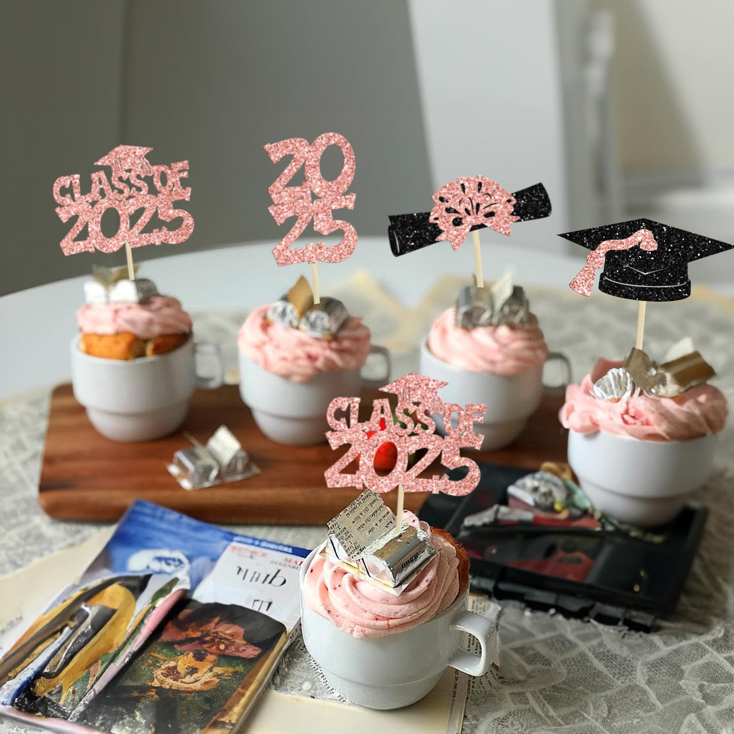 Ephlyn Graduation Cupcake Toppers - 36Pcs Rose Gold Class of 2025 Decor for Graduation Theme Party