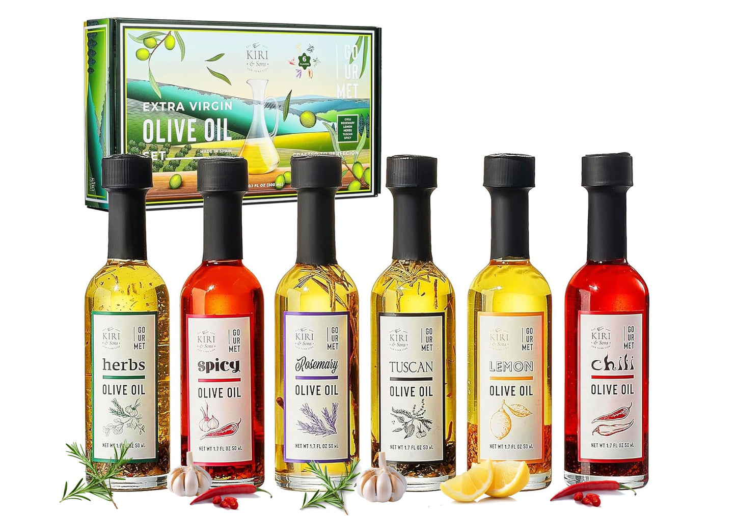 Kiri & Sons Olive Oil Gourmet Sampler Gift Set of 6 - Premium Extra-Virgin Blend Olive Oil Made In Spain, Natural Flavors Includ