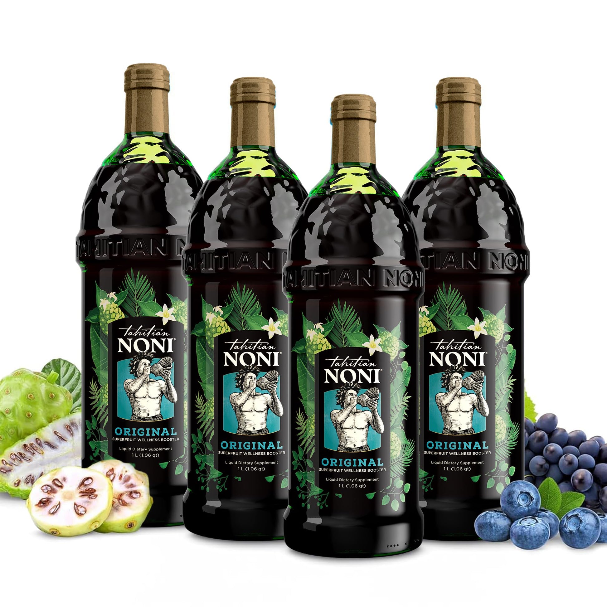 Tahitian Noni Juice, Original Noni Fruit Puree with Blueberry & Grape, 33.81 Fl Oz (Pack of 4)