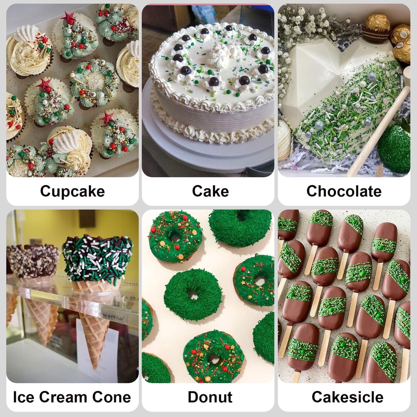HUEBEATY 6-in-1 Edible Green Sprinkles for Cake & Cupcakes Decorating - Jimmies & Sugar Pearls - St. Patricks Day, Spring, Dinos