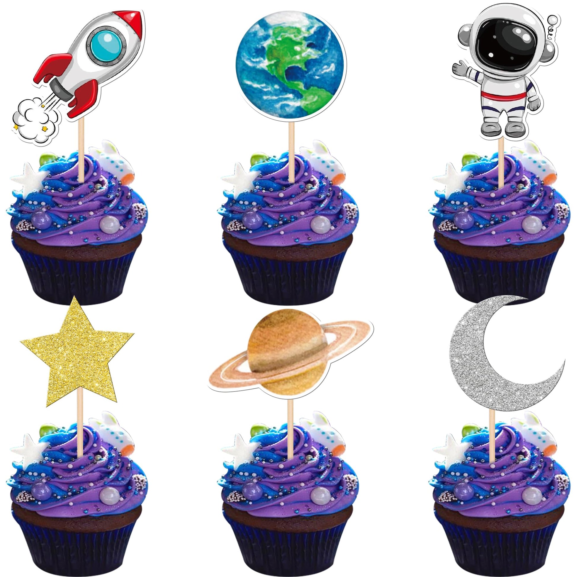 30 Pcs Outer Space Astronaut Cupcake Toppers Planet Rocket Trip To The Moon Star Cupcake Picks For Universe Outer Space Theme Ba