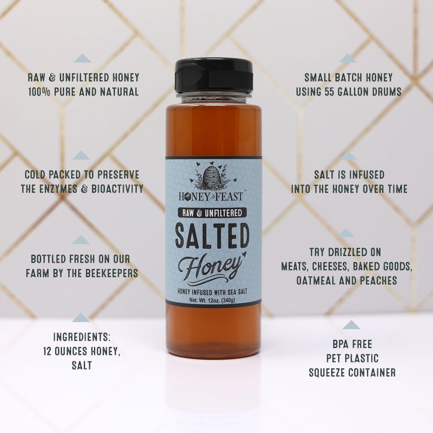 Honey Feast Salted Honey - Raw And Cold Packed - 12 Ounces - Small Batch Beekeeper Honey