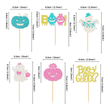 Ercadio 24 Pack Halloween Boo-Y Or Ghoul Cupcake Toppers Glitter Halloween Ghost Gender Reveal Cupcake Picks Pumpkin Boo Cake Pi
