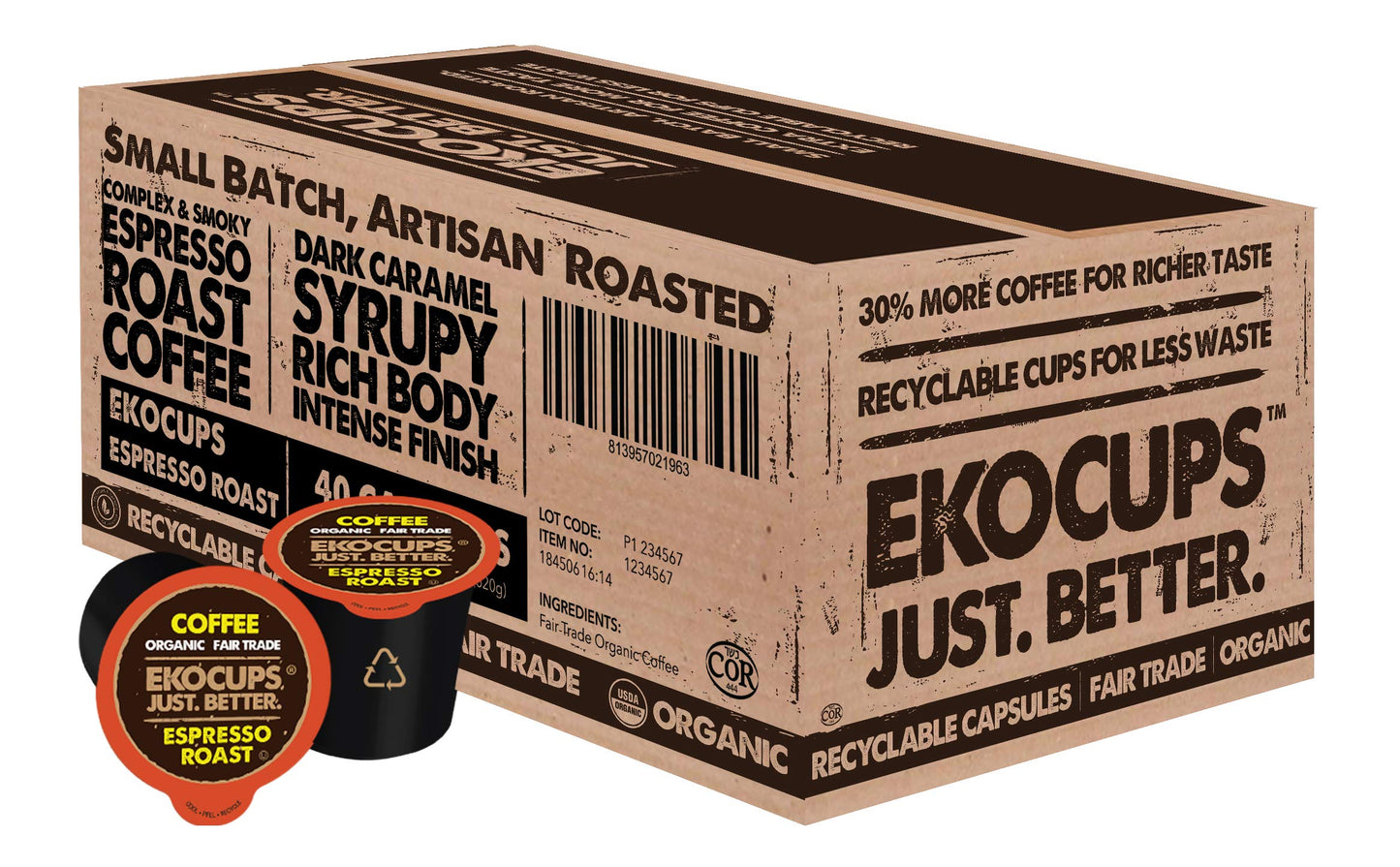 Ekocups Organic Espresso Roast Coffee Pods, Extra 30% More Coffee Per Cup, Artisan Fair Trade Dark Roast, Espresso Coffee For Ke