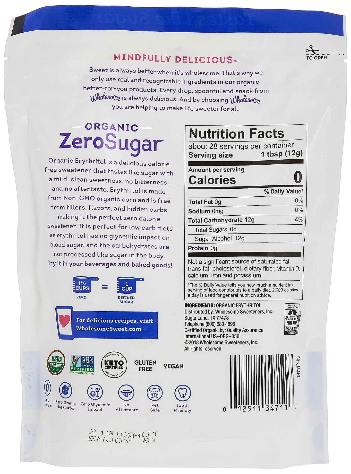 Wholesome Sweeteners 12-Ounce Organic Erythritol Sweetener, Zero Calorie Sweetener, Keto Friendly, Non Gmo, Gluten Free & Vegan