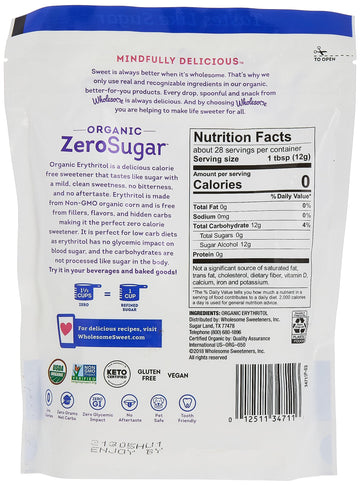 Wholesome Sweeteners 12-Ounce Organic Erythritol Sweetener, Zero Calorie Sweetener, Keto Friendly, Non Gmo, Gluten Free & Vegan