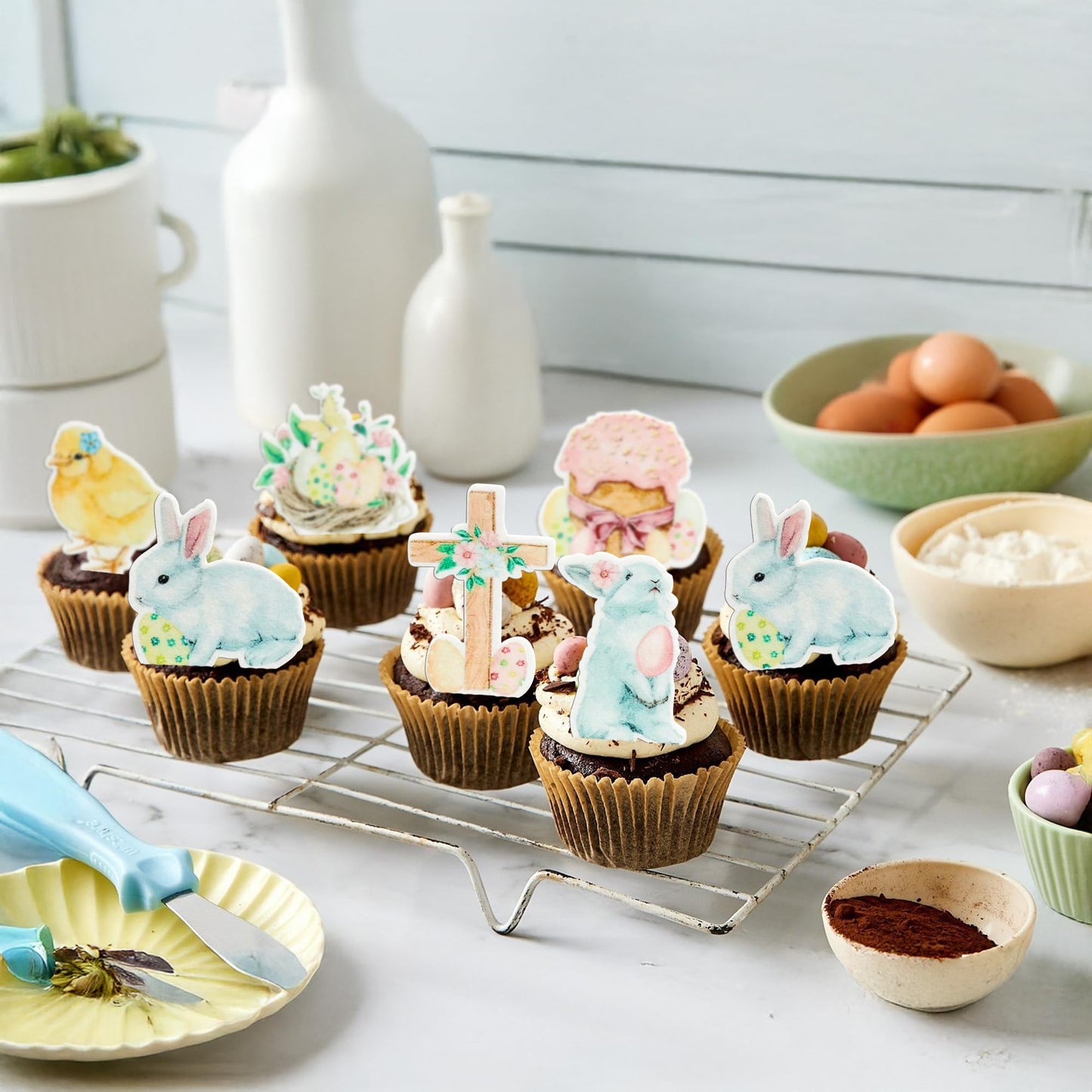 Gyufise 48Pcs Edible Happy Easter Cupcake Toppers Wafer Paper Rabbit Eggs Cupcake Picks Edible Bunny Cake Decors For Spring Theme Baby Shower Birthday Party Supplies