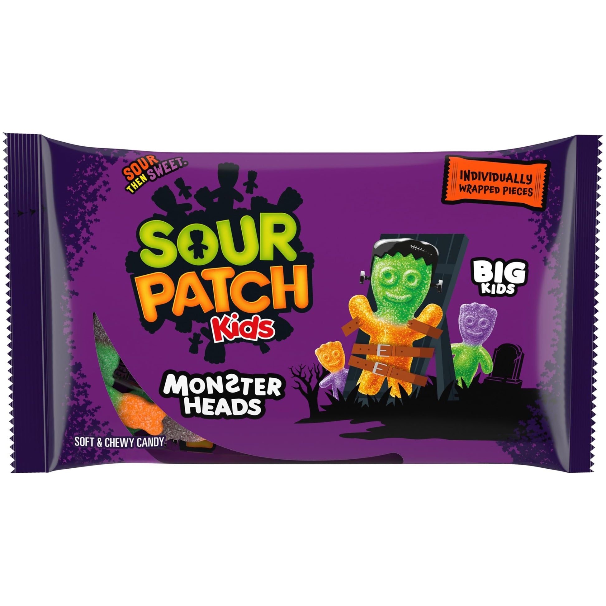 SOUR PATCH KIDS Big Kids Monster Heads Individually Wrapped Soft & Chewy Halloween Candy, 10 oz