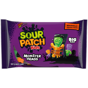 SOUR PATCH KIDS Big Kids Monster Heads Individually Wrapped Soft & Chewy Halloween Candy, 10 oz