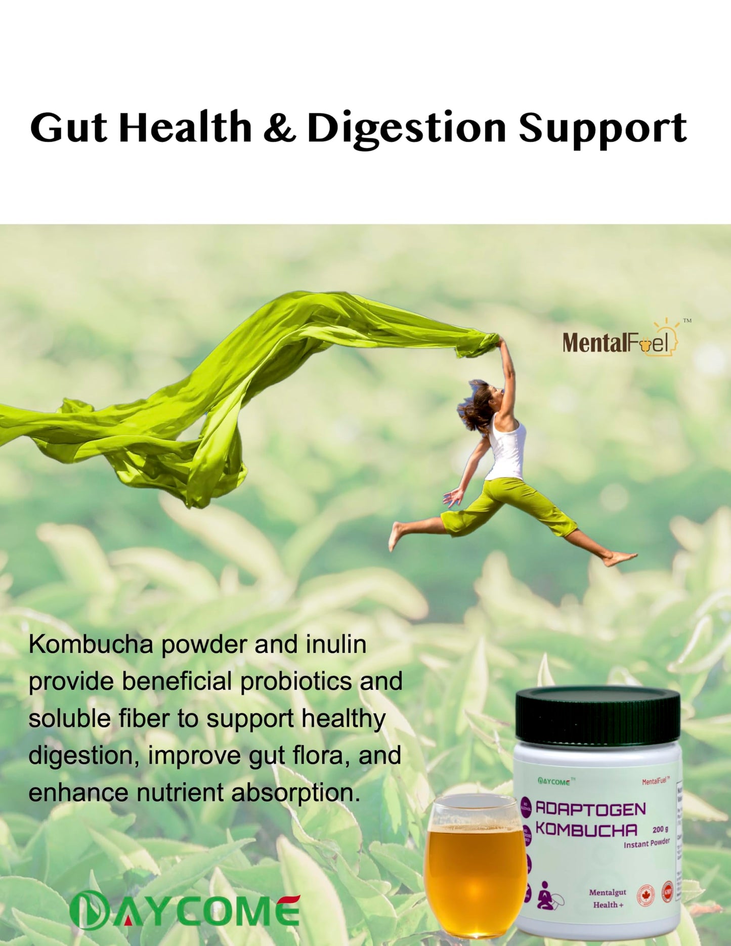 Mentalfuel Adaptogen Kombucha Instant Powder - 40 Servings Sparkling Fermented Kombucha Drink With Adaptogen Blends, Energy, Foc