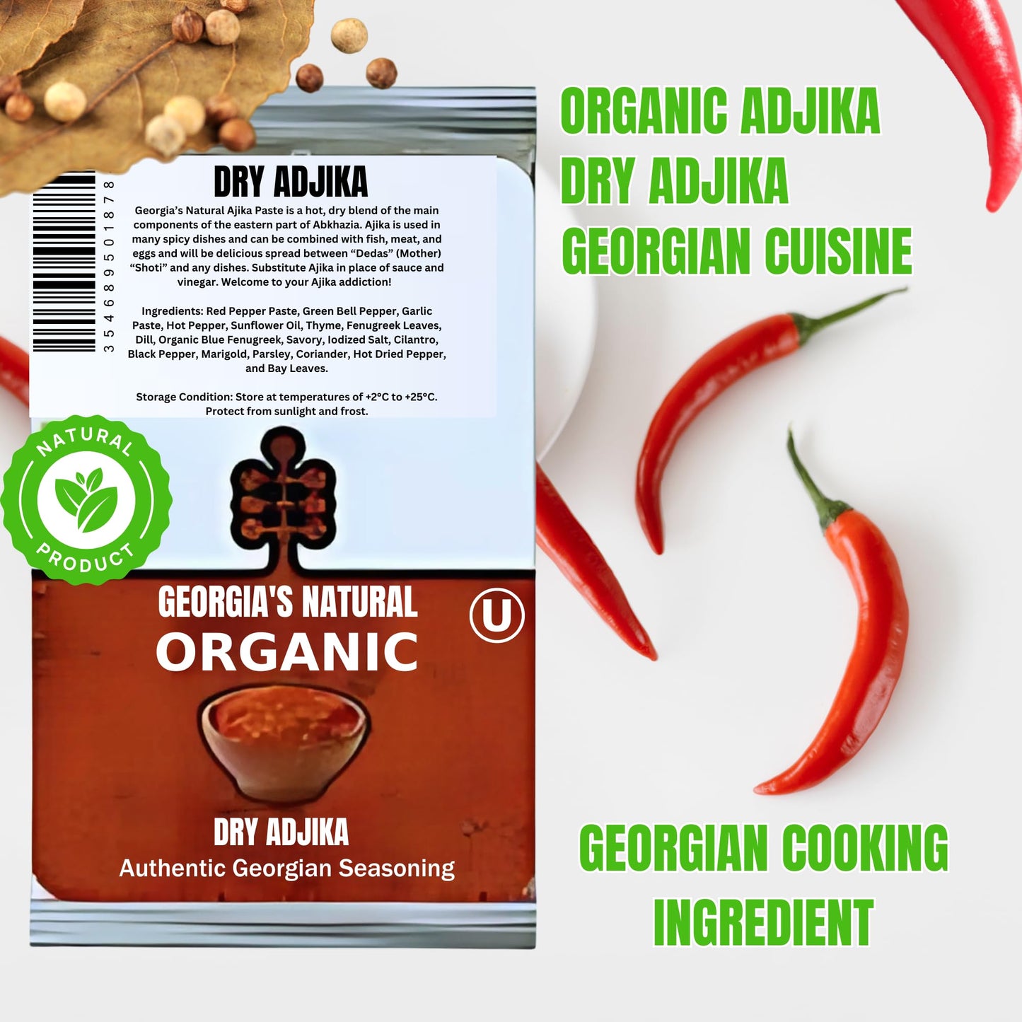 Organic Dry Adjika Georgian Seasoning 1.06 Fl Oz/ 30 Gr Aromatic, Savory & Piquant..