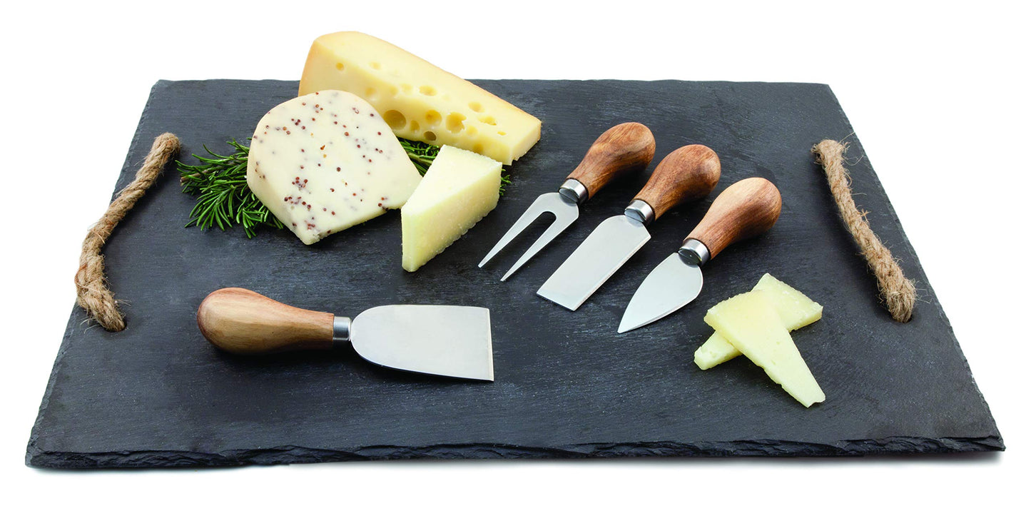True Gourmet 4-Piece Stainless Steel Cheese Cutting Tool Set With Acacia Wood Handles For Charcuterie Board, Includes 3 Cutting Tool & 1 Fork, Hosting Essentials
